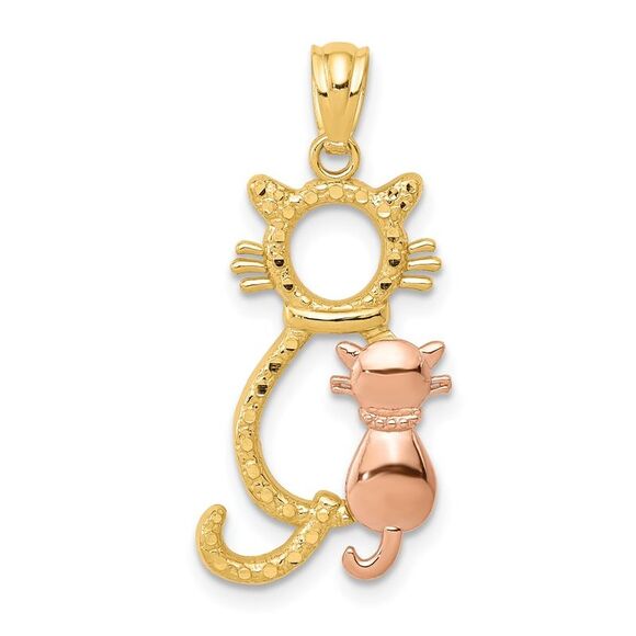 14k Yellow Gold and Rose Gold Sitting Cats Pendant 11 x 22mm